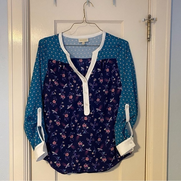 Mod Cloth Top Blouse Novelty Bird Print with Roll Tab Long Sleeves Size S - Picture 2 of 10